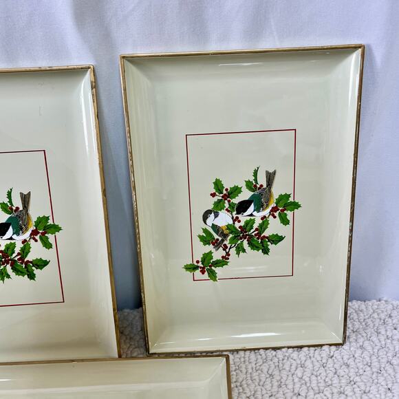Gibson Greetings Chickadees & Holly Otagiri Lacquerware Snack Tray Set of 8 VTG - Picture 11 of 11